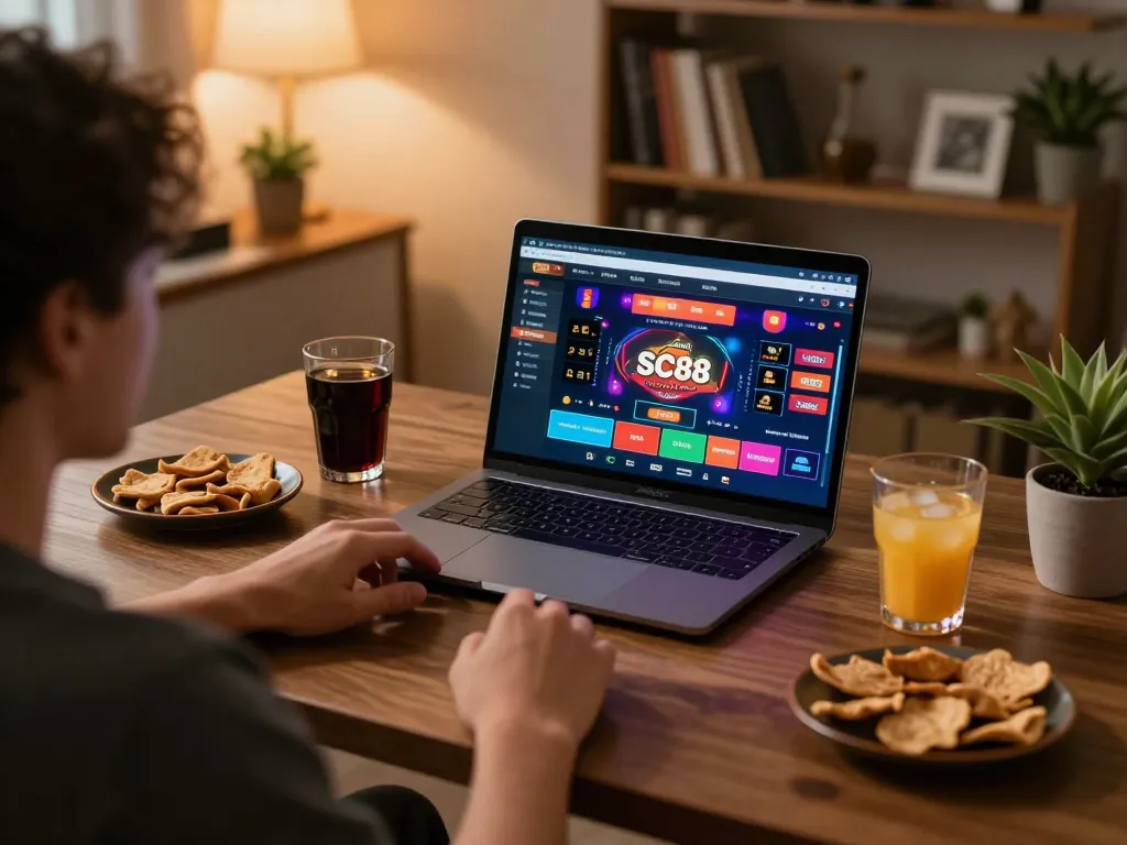 SC88 đăng ký on laptop showing online gameplay with a cozy atmosphere and snacks.