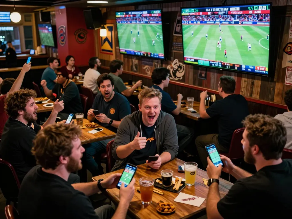va88 enthusiasts cheering at a sports bar while placing live bets, capturing gaming excitement