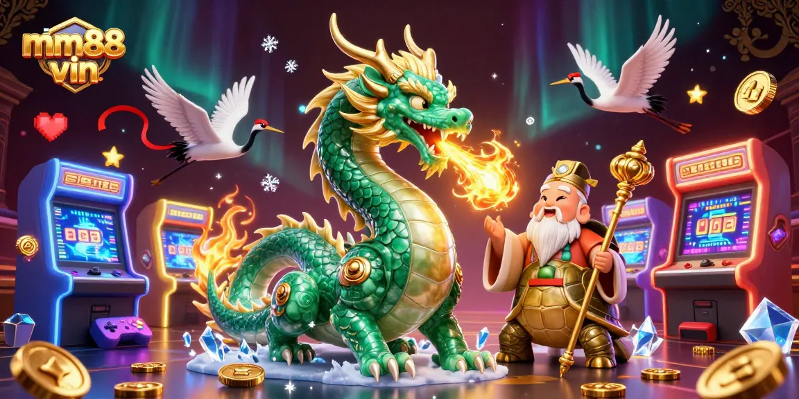 Engage with the immersive world of mm88 vin, featuring a jade dragon, turtle sage, and lucky cranes in a dynamic gambling scene.