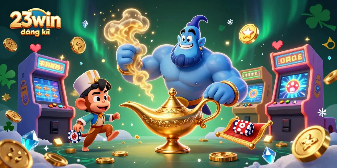 Experience the excitement of 23win đăng ký as a giant genie unleashes casino treasures amidst vibrant gaming visuals.