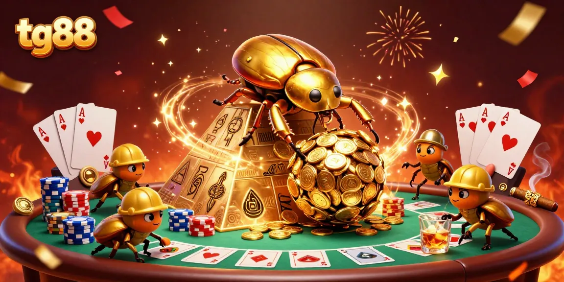 Engage with tg88 as golden dung beetles roll coins up a pyramid, showcasing vibrant casino elements.