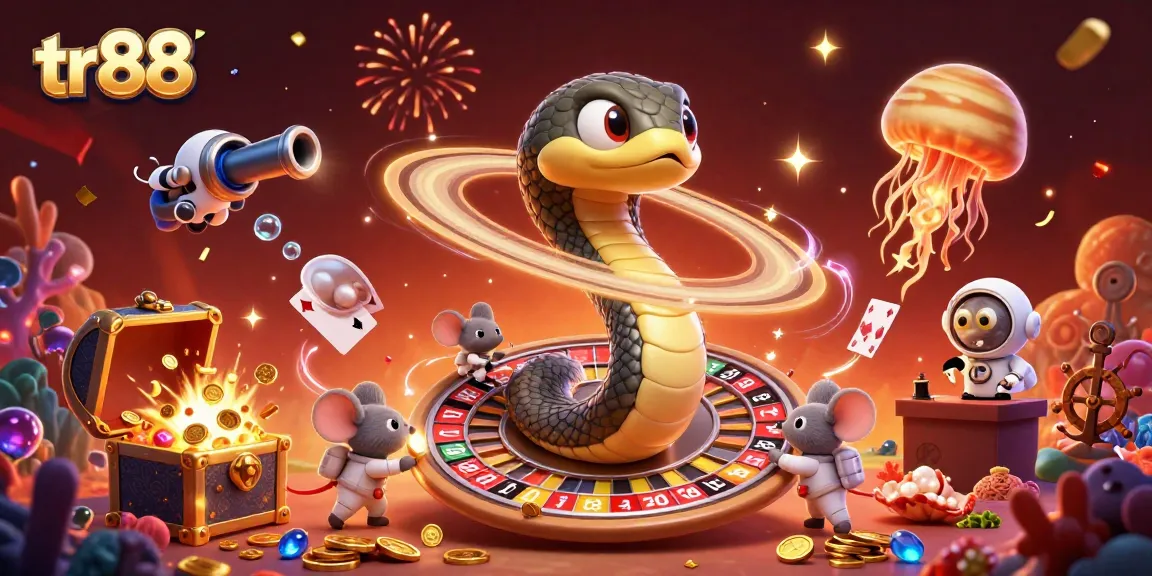 Engage with tr88 as astronaut mice bet on a spinning roulette-like Saturn ring in a vibrant cosmic scene.