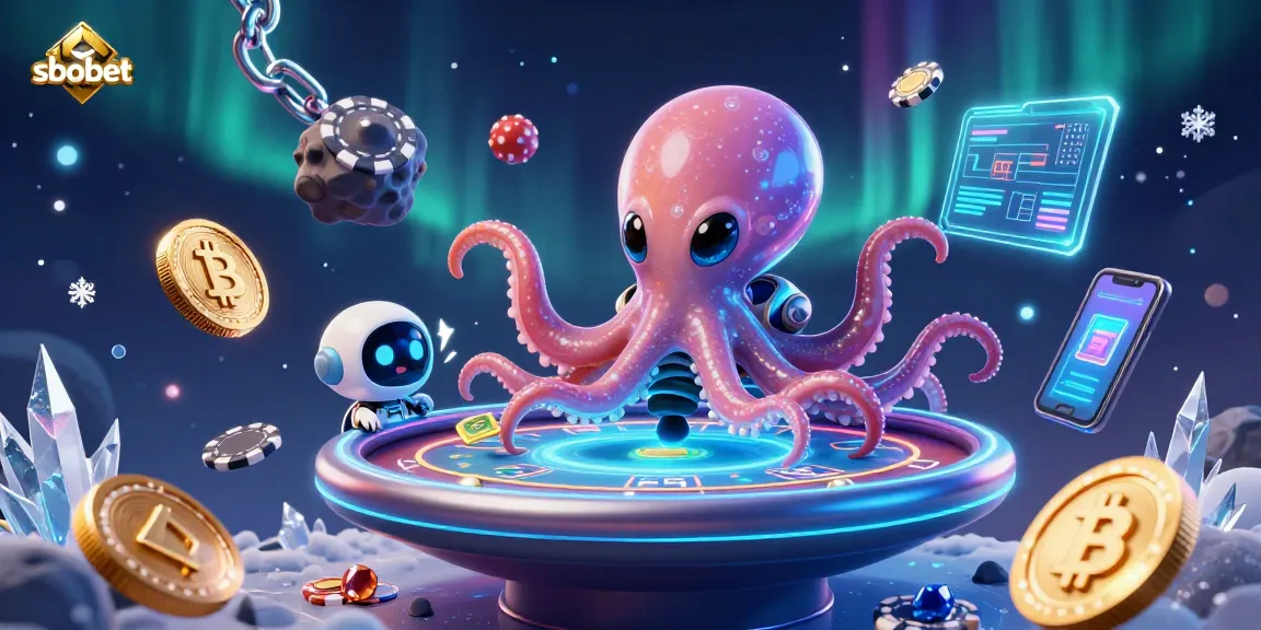 Engage in sbobet's dynamic gaming with an alien octopus at a holographic poker table.