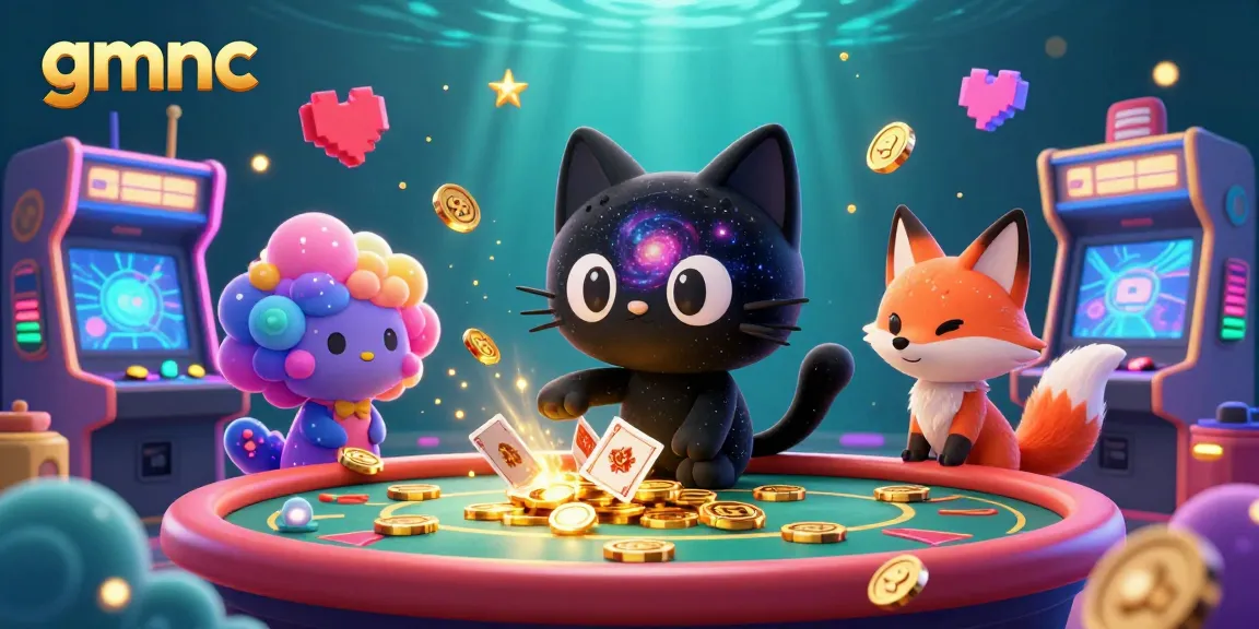 Experience the cosmic casino magic with gmnc's black hole cat and nebula fox in a vibrant 3D gaming world.