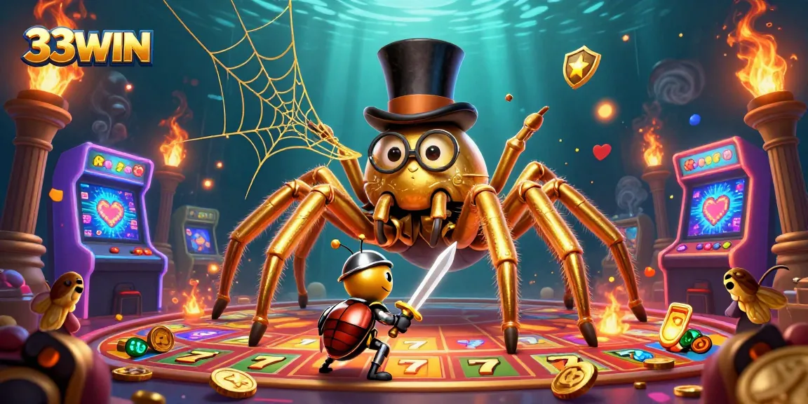 Engage in thrilling gameplay at 33WIN while a golden tarantula weaves its web in a vibrant casino!