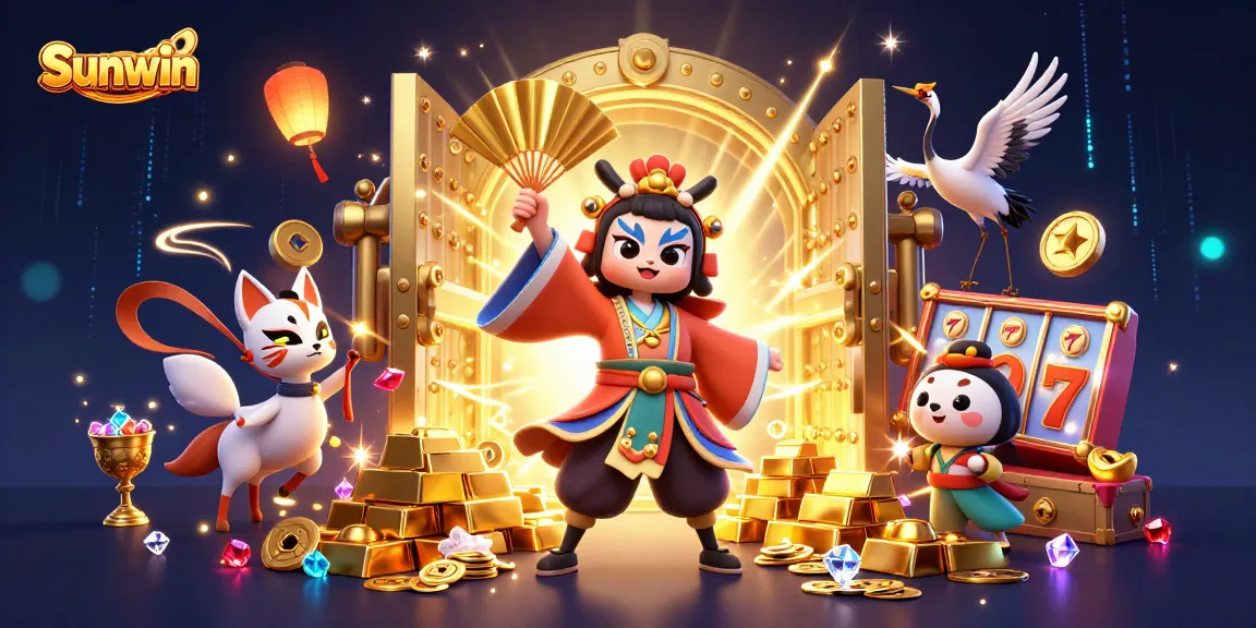 Engage with Sunwin's thrilling gameplay atmosphere featuring a dynamic 3D illustration of kabuki warriors amidst treasures.