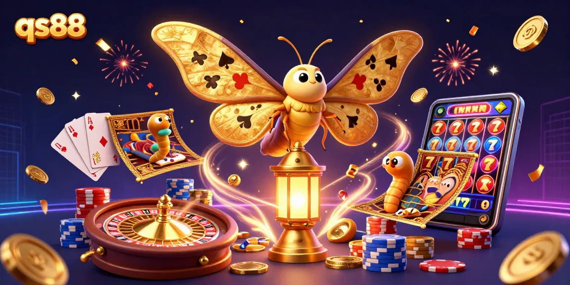 Experience winning strategies at qs88 with vibrant casino-themed illustration featuring a golden moth and rich gaming elements.