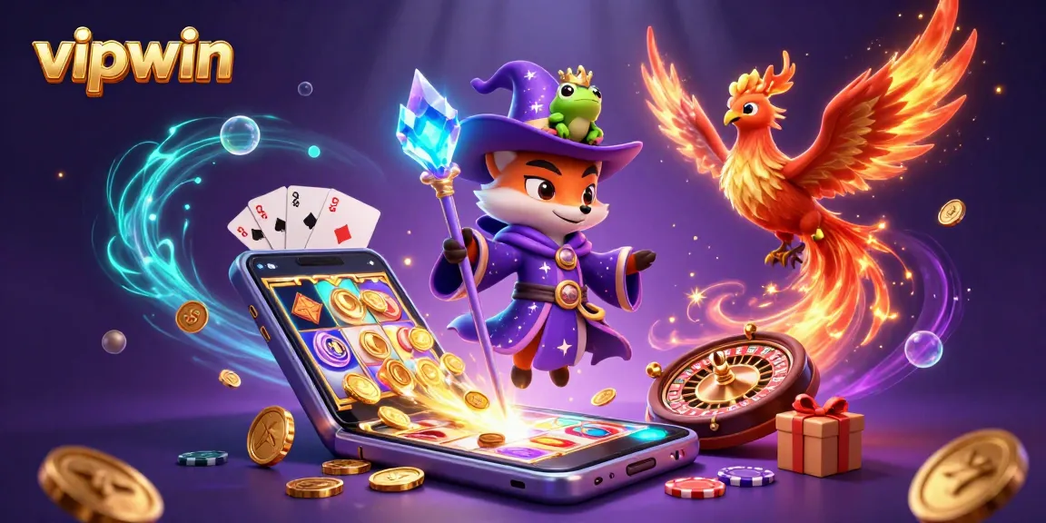 Win big with vipwin in this vibrant 3D casino illustration featuring slot games and action-packed gaming elements.