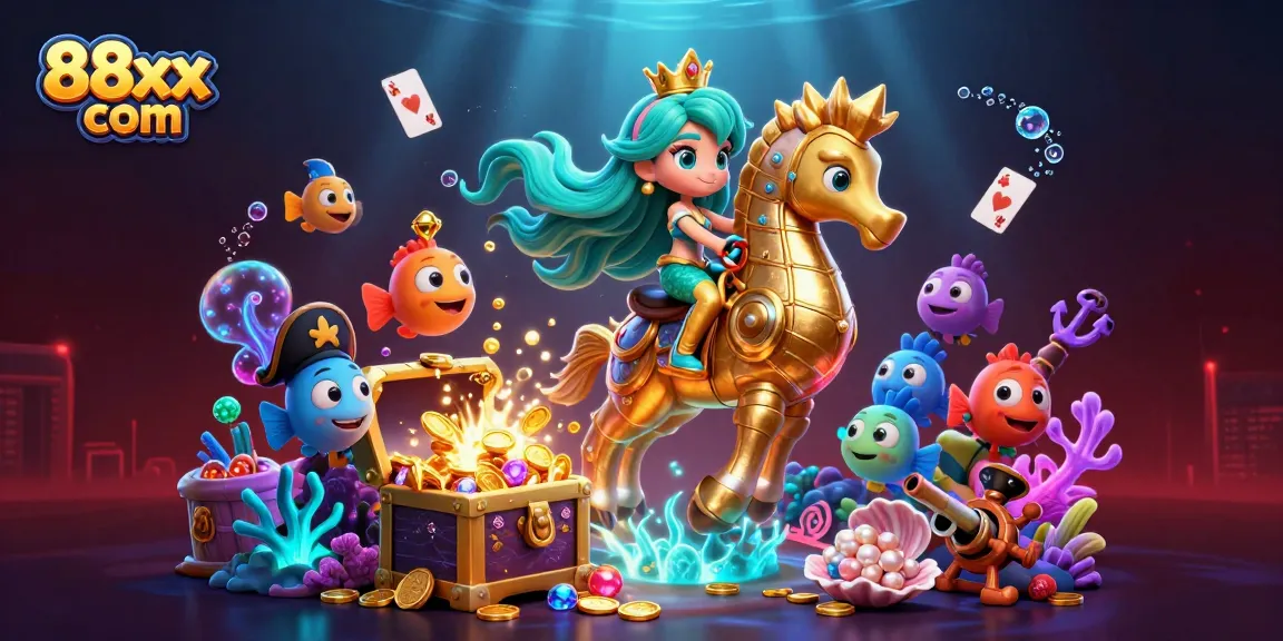 Engage with 88xx com's vibrant casino world, featuring a mermaid princess and seahorse amidst treasures.