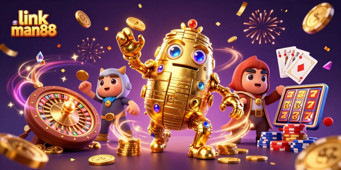 Link man88 showcases an energetic 3D casino scene rich with vibrant gambling elements.