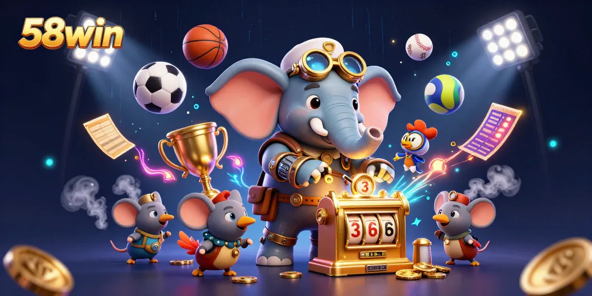 58win brings excitement with a 3D steampunk elephant engineer at a golden slot machine, amidst vibrant sports elements.