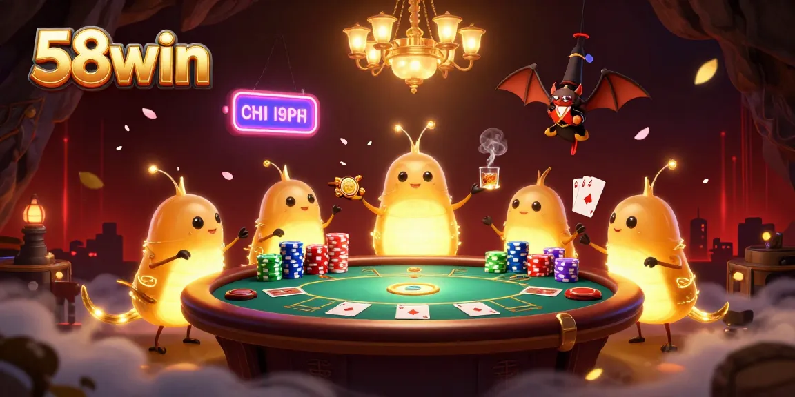 Experience excitement at 58win with glowing glowworms brightening the poker tables in a vibrant casino scene.