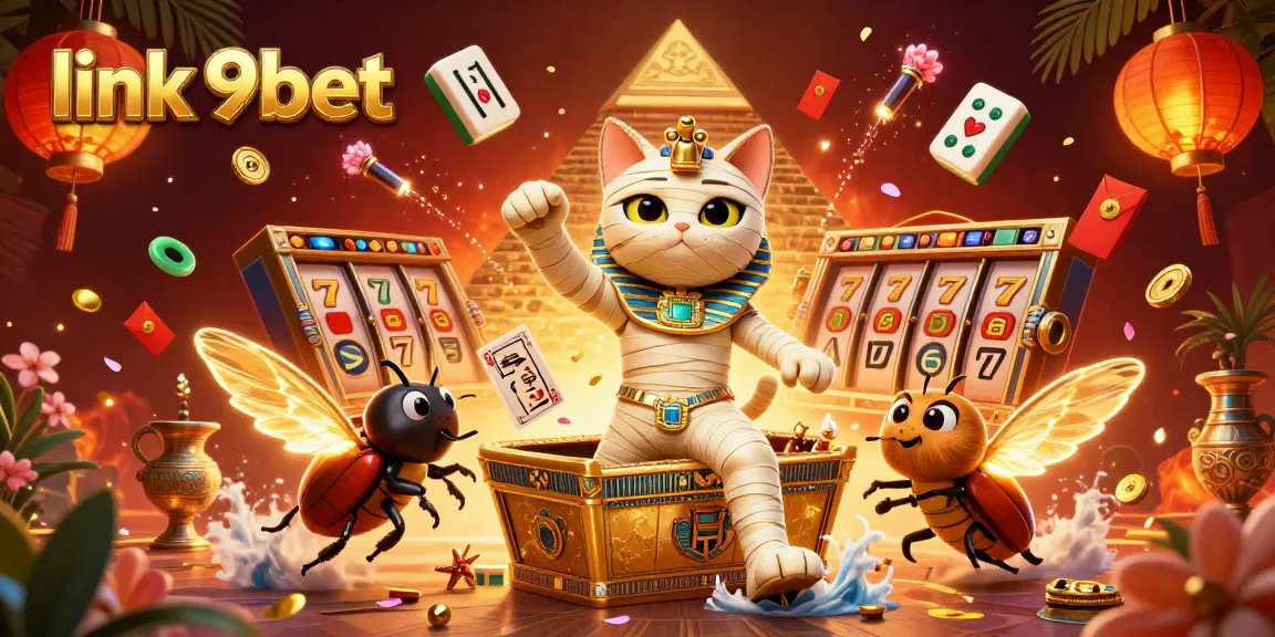 Link 9bet showcases an engaging scene with a mummy cat and slots, inviting players to explore casino adventures.