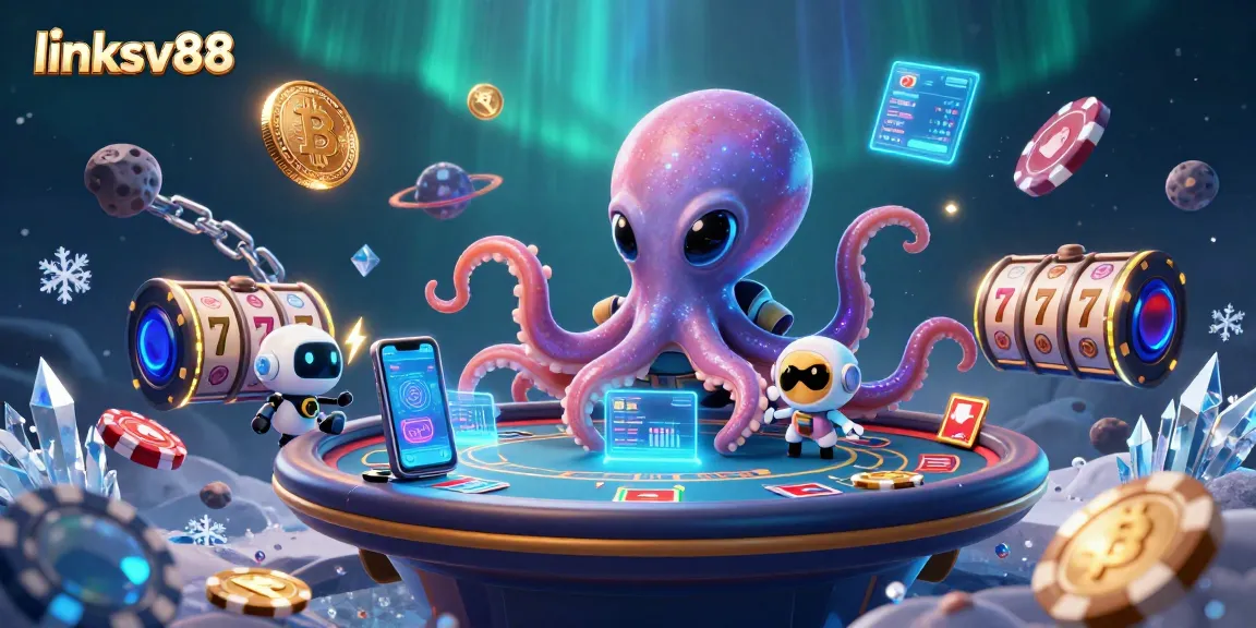 Experience link sv88 with an alien octopus at a holographic poker table amid vibrant cosmic elements.