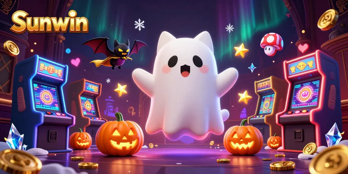 Sunwin offers thrilling gaming experiences as a ghost cat and bat explore a vibrant casino environment.