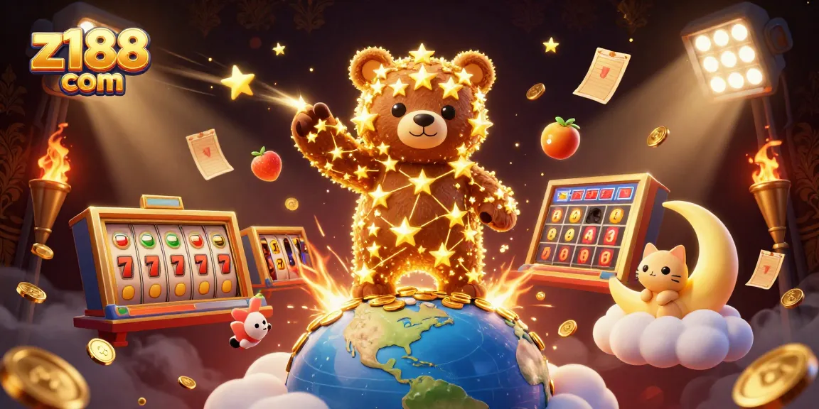 Bet big with z188 com in a vibrant 3D casino scene filled with jackpots and golden stars.