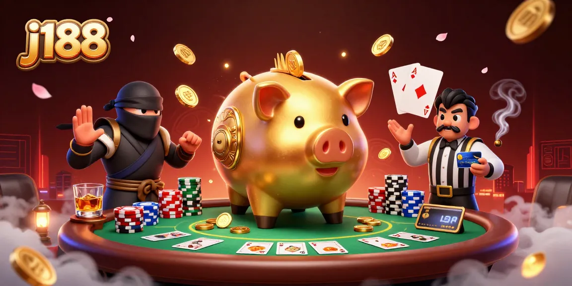 Witness j188’s dynamic poker showdown featuring a golden piggy bank wrestler and ninja amidst thrilling casino elements.