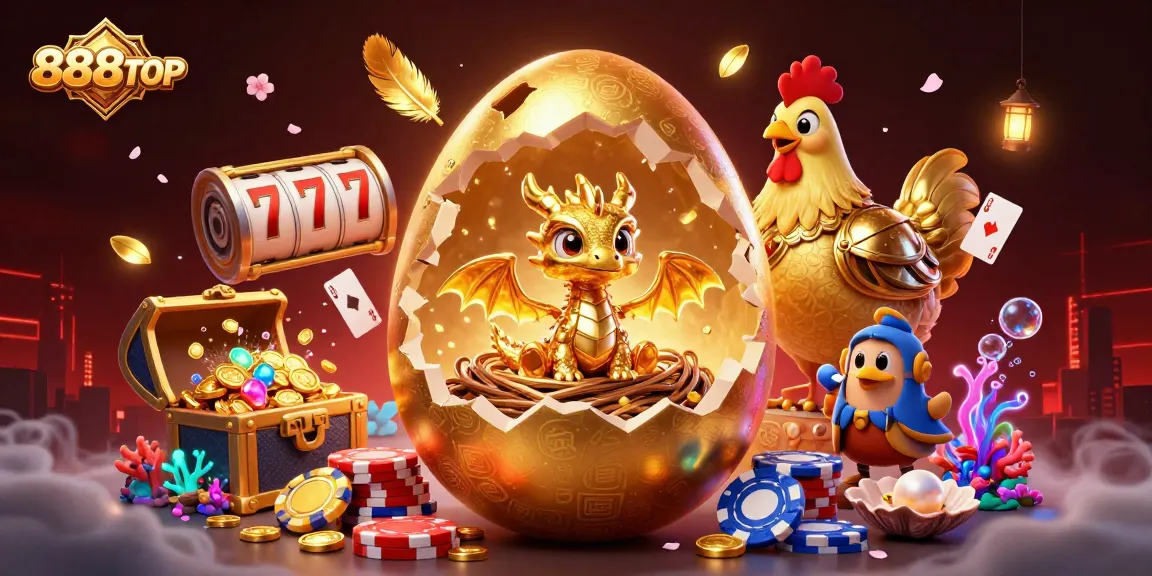 Experience thrilling moments at 888TOP with a dazzling golden dragon among vibrant casino elements.