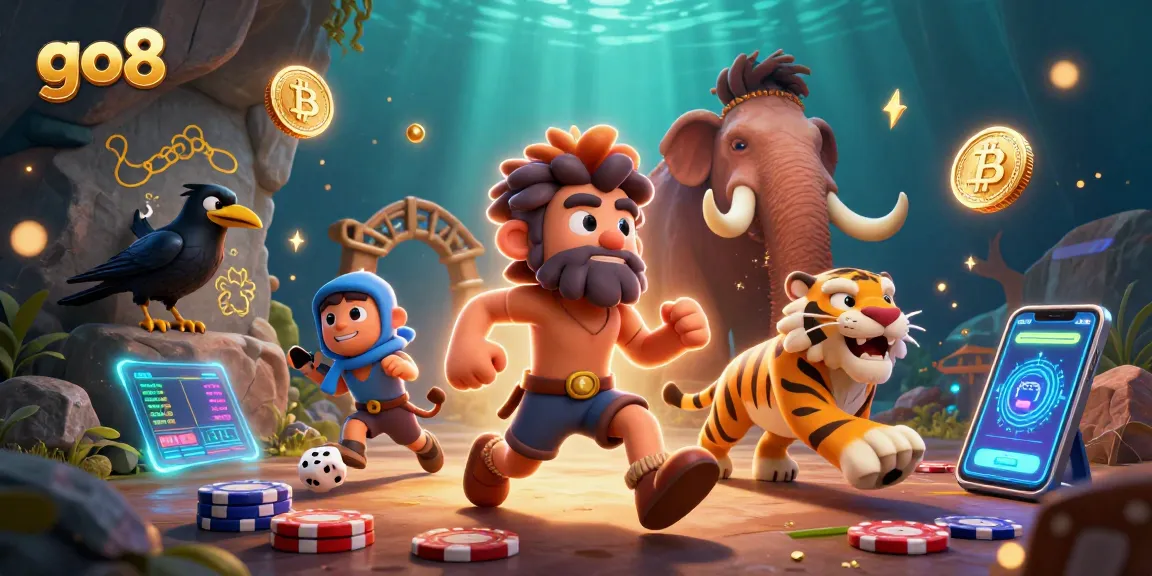 Experience exciting moments at go8's dynamic prehistoric casino scene with captivating characters.