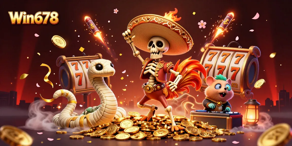 Experience thrilling wins at Win678 with dynamic gambling action, featuring festive characters on coins.