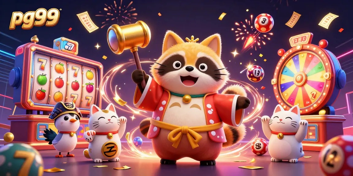 pg99's vibrant slot game scene featuring a cheerful tanuki and colorful lottery elements