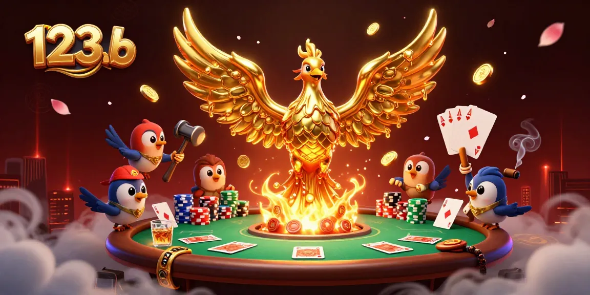 Experience the thrilling atmosphere of 123b with a dynamic casino scene featuring animated cards and chips.