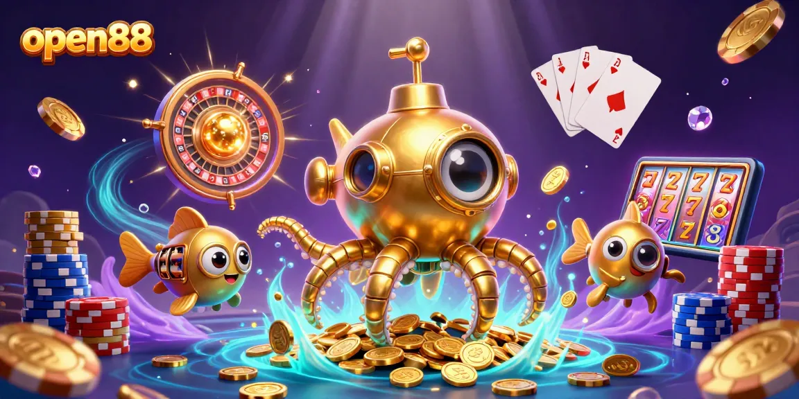 Experience the excitement of open88 with a vivid 3D illustration of a golden kraken submarine amid spinning roulette and coins.