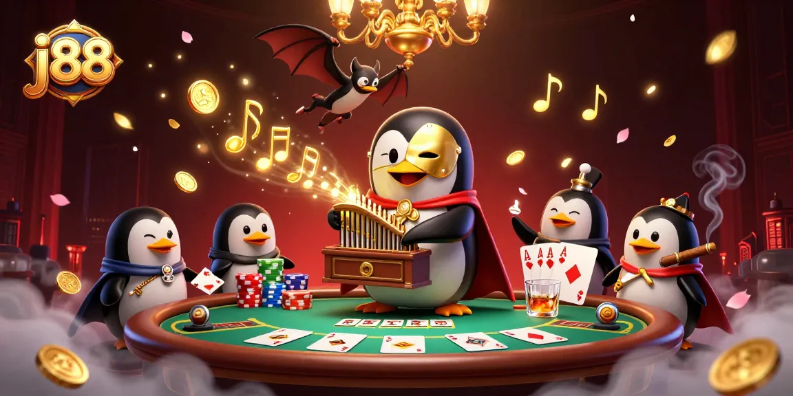 Engage in j88 gameplay with a penguin organist and acrobat bat, surrounded by poker thrills.