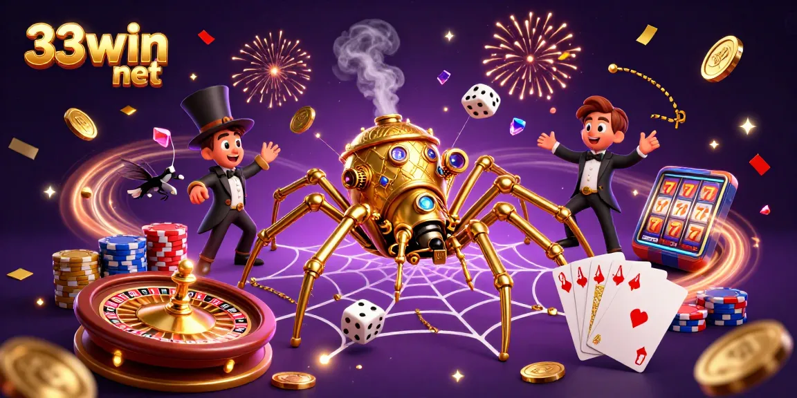 Experience the excitement of 33win net as a steampunk spider captures dice while dazzling casino elements surround it.