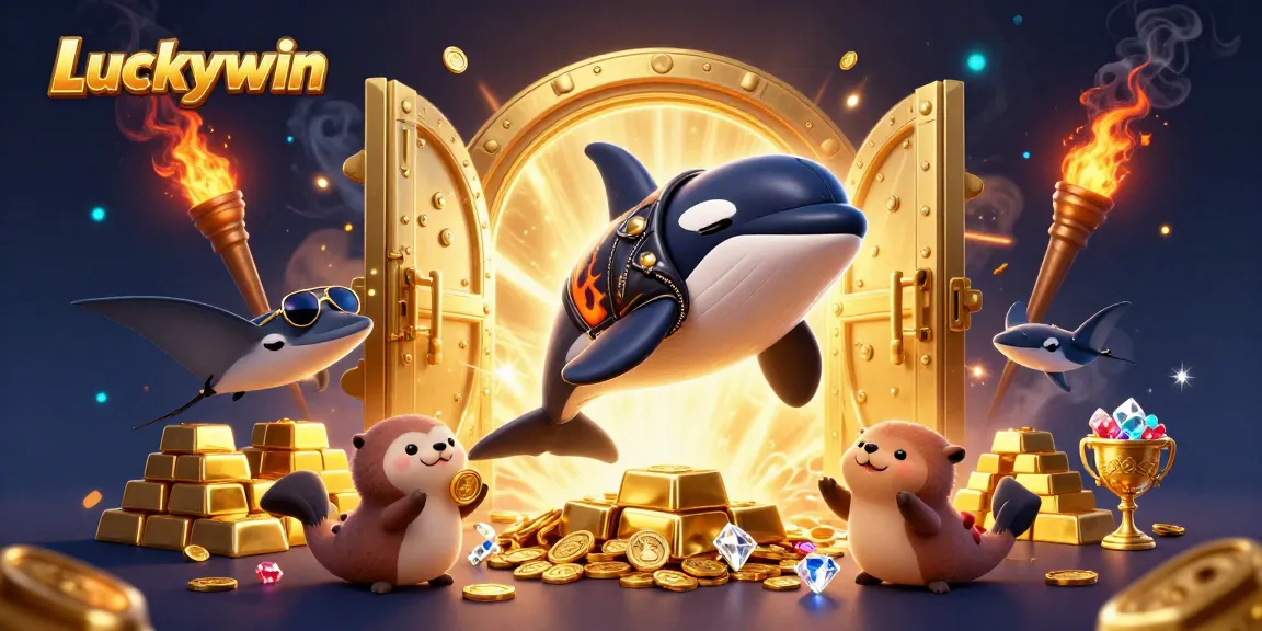 Experience thrilling wins with Luckywin's captivating gaming scene filled with orca jumping, treasures, and exciting elements.