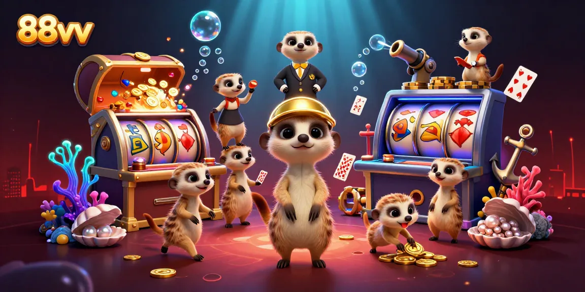 Join the fun at 88vv's vibrant casino with meerkats running slot machines and dealing cards!