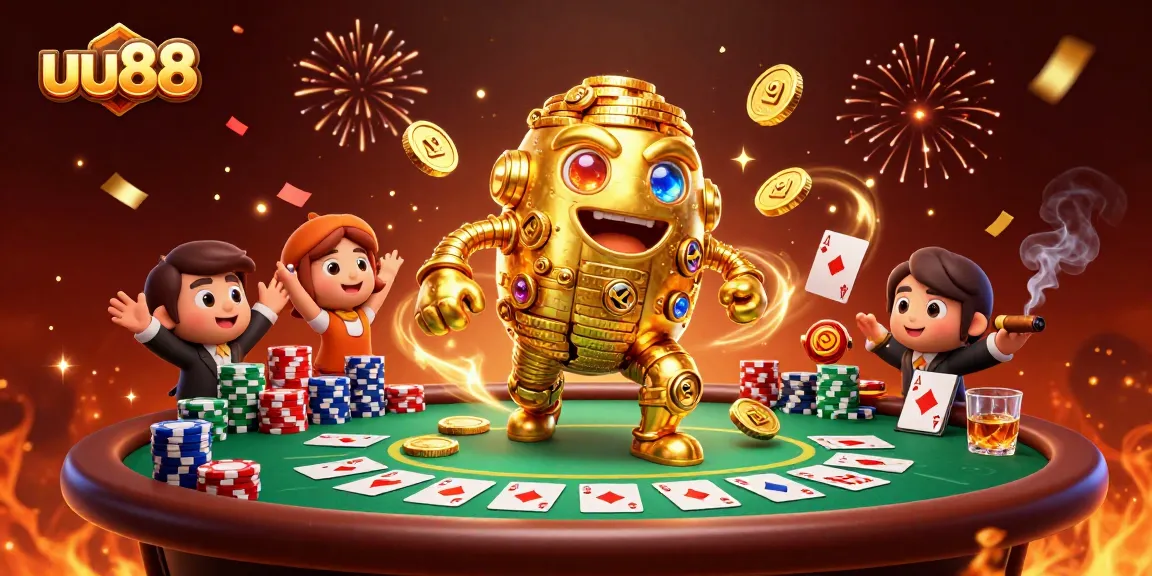 Engage with the exciting uu88 casino experience featuring a golden golem and vibrant poker action.