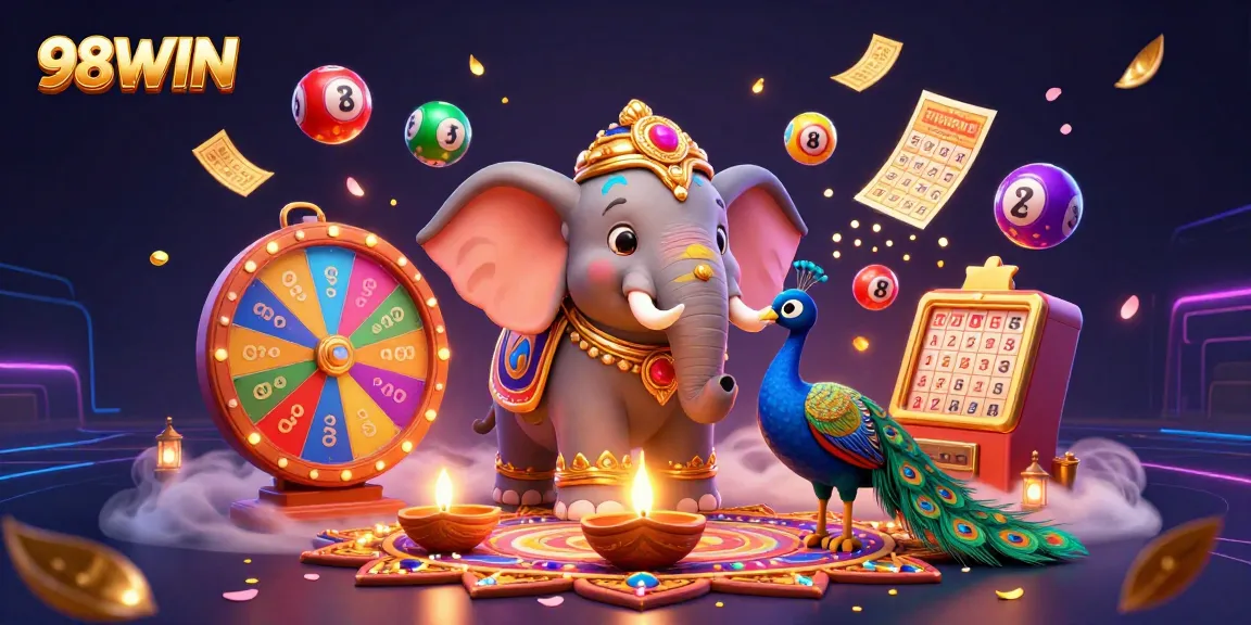 Engage in exciting gambling adventures at 98WIN with vibrant lottery balls, dynamic prize wheels, and colorful casino elements.