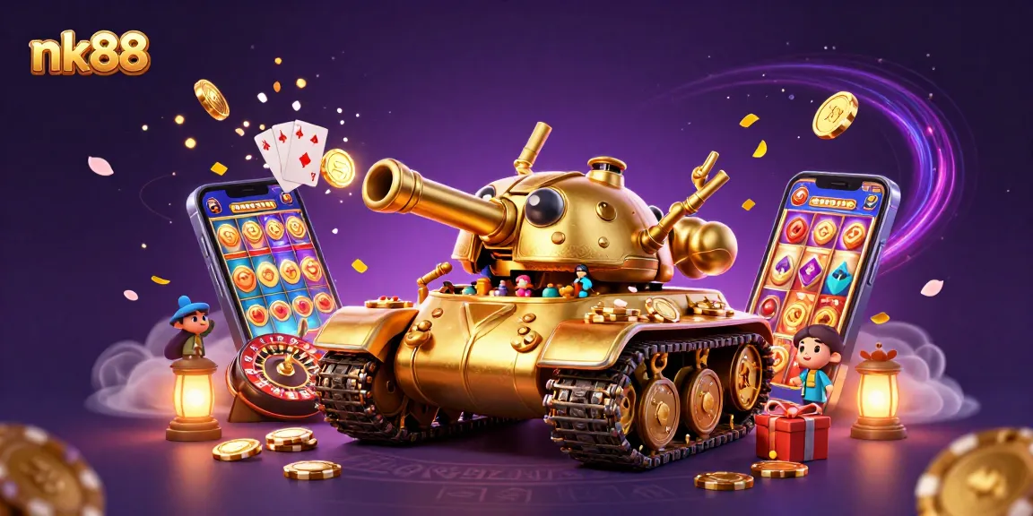 Experience thrilling gameplay at nk88 with a vibrant 3D casino scene featuring golden beetle tank.