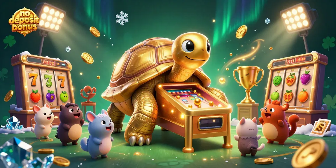No deposit bonus scene with a colossal tortoise pinball machine and excited animals playing slots.