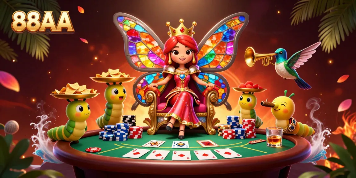 Explore the vibrant world of 88AA with our cartoon butterfly queen ruling the casino realm.