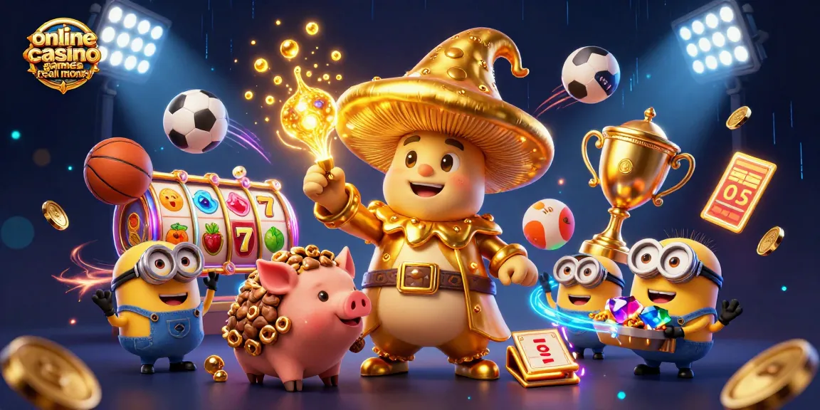 Engage with online casino games real money through this vibrant illustration showcasing a golden wizard and treasures.