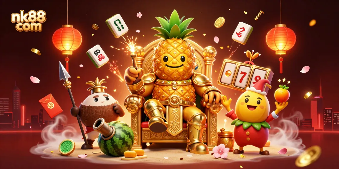 Experience nk88 com's vibrant casino adventure with golden pineapple king and dynamic slot elements.