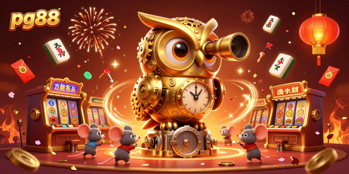 Win big with pg88 as a golden owl oversees a lively casino floor filled with vibrant games and festive elements.